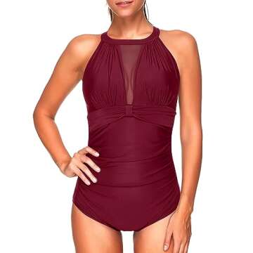 Tempt Me Women One Piece Swimsuit Wine Red High Neck Mesh Ruched Swimwear L