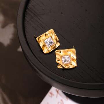 GLUBU 14K Gold Plated Statement Stud Earrings For Women Vintage Cubic Zirconia Earrings Gold Square Hammered Earrings Minimalist Geometric Jewelry