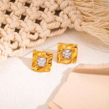 GLUBU 14K Gold Plated Statement Stud Earrings For Women Vintage Cubic Zirconia Earrings Gold Square Hammered Earrings Minimalist Geometric Jewelry