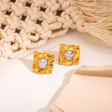 GLUBU 14K Gold Plated Statement Stud Earrings For Women Vintage Cubic Zirconia Earrings Gold Square Hammered Earrings Minimalist Geometric Jewelry