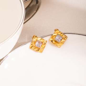 GLUBU 14K Gold Plated Statement Stud Earrings For Women Vintage Cubic Zirconia Earrings Gold Square Hammered Earrings Minimalist Geometric Jewelry