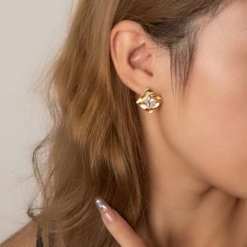 GLUBU 14K Gold Plated Statement Stud Earrings For Women Vintage Cubic Zirconia Earrings Gold Square Hammered Earrings Minimalist Geometric Jewelry