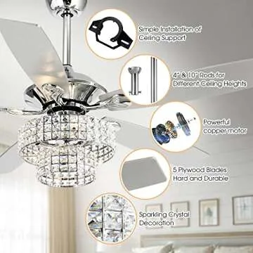 Parrot Uncle Ceiling Fans with Lights and Remote 52 Inch Bedroom Ceiling Fan with Light Crystal Chandelier Fans, Reversible Motor, Timer, Polished Chrome