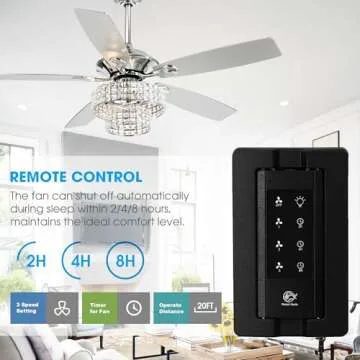 Parrot Uncle Ceiling Fans with Lights and Remote 52 Inch Bedroom Ceiling Fan with Light Crystal Chandelier Fans, Reversible Motor, Timer, Polished Chrome