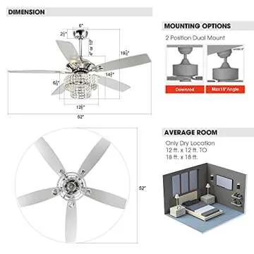 Parrot Uncle Ceiling Fans with Lights and Remote 52 Inch Bedroom Ceiling Fan with Light Crystal Chandelier Fans, Reversible Motor, Timer, Polished Chrome
