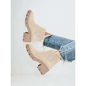 Juliet Holy Womens Lug Sole Platform Ankle Booties Chelsea Slip on Chunky Block Heel Leather Combat Boots Nude