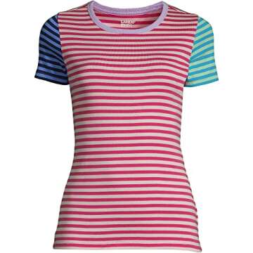 Lands' End Women Short Sleeve Shaped 1x1 Rib Crew Hot Pink Stripe Mix Regular Small