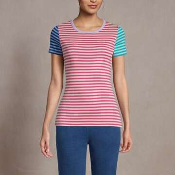 Lands' End Women Short Sleeve Shaped 1x1 Rib Crew Hot Pink Stripe Mix Regular Small