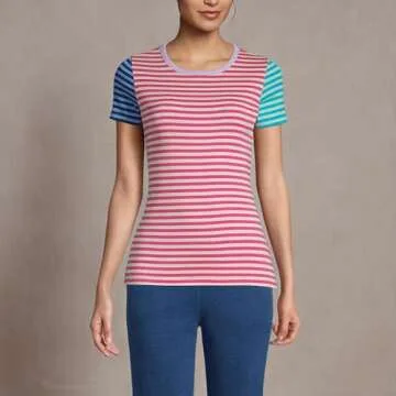 Lands' End Women's Hot Pink Stripe Short Sleeve Crew