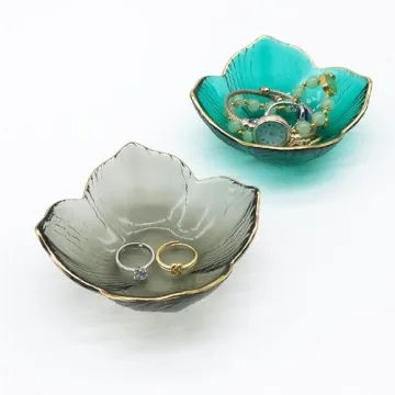 BESSKON Flower Small Ring Dish Jewelry Tray, Glass Jewelry Dish for Women, Room Aesthetic Nightstand Decor Jewelry Plate Trinket Dish, Engagement Ring Holder Dish, Bathroom Ring Bowl Key Dish Gift