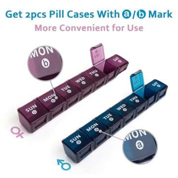 2-Pack Weekly Large Pill Organizer for Travel, 7 Day Pill Boxes and Organizer, Big Compartments Pill Case AM PM,14 Day XL Medication Organizer Dispenser for Fish Oils, Vitamin Holder Supplement