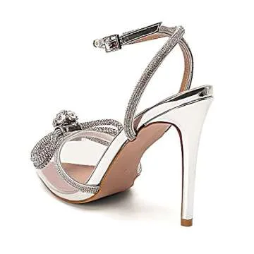 Bieosnli Women's Satin Lace Up High Heel Sandals Ankle Buckle Straps Pump Rhinestone Strip Bowknot Pointed Toe Stiletto Sandals Transparent 7