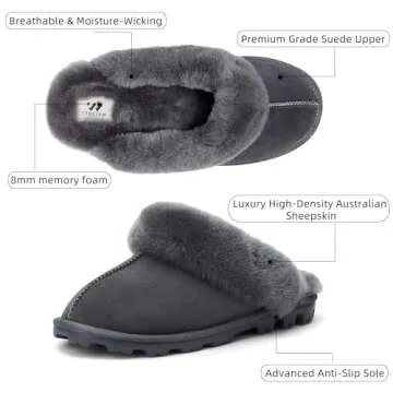WaySoft Genuine Australian Sheepskin Women Slippers, 100% Shearling Hard Bottom Slippers for Women I...