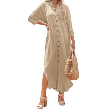 Kuraki Women’s Casual Linen Button Down Maxi Beach Wear Swimsuit Cover Up Vacation Shirt Dress wit...