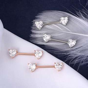 OUFER 2PCS 14G Surgical Steel Nipple Rings Barbell Heart CZ Nipple Rings Piercing for Women nipplesh...