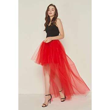 FEOYA High Low Tutu Skirts for Women Mesh Layered Tulle Skirt Mesh Princess Skirt Prom Wedding Dovetail Skirts, Red