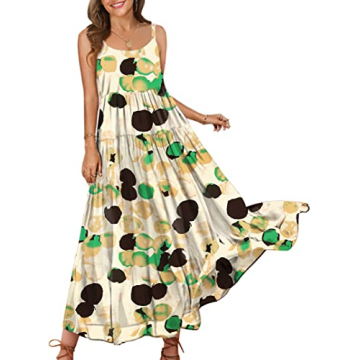 YESNO Summer Dresses for Women Casual Loose Bohemian Floral Dress with Pockets Spaghetti Strap Maxi ...
