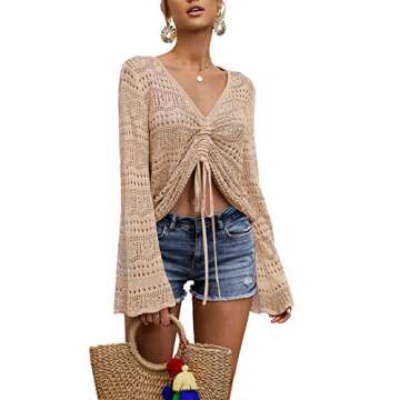 FERBIA Women Crochet Top Beach Cloth Drawstring Shirt Cover Up Oversized Sexy Beachwear Lace Up Tee Poncho (Apricot, Medium)