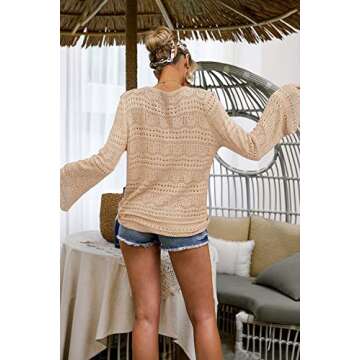 FERBIA Women Crochet Top Beach Cloth Drawstring Shirt Cover Up Oversized Sexy Beachwear Lace Up Tee Poncho (Apricot, Medium)