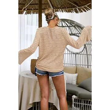 FERBIA Women Crochet Top Beach Cloth Drawstring Shirt Cover Up Oversized Sexy Beachwear Lace Up Tee Poncho (Apricot, Medium)