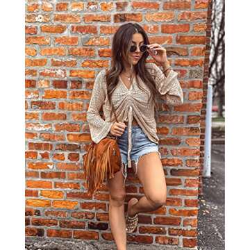 FERBIA Women Crochet Top Beach Cloth Drawstring Shirt Cover Up Oversized Sexy Beachwear Lace Up Tee Poncho (Apricot, Medium)