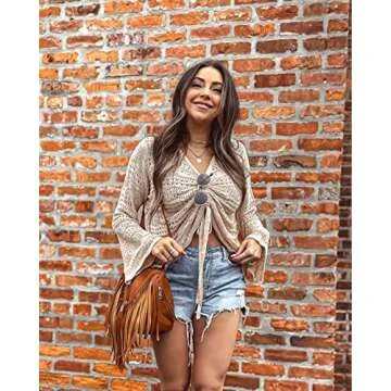 FERBIA Women Crochet Top Beach Cloth Drawstring Shirt Cover Up Oversized Sexy Beachwear Lace Up Tee Poncho (Apricot, Medium)