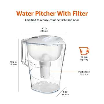 Amazon Basics Water Filter Pitcher for Fridge - 10-Cup Water Pitcher with Filter Compatible to Brita Water Pitchers & Dispensers for Clean, Crisp Water, WQA and NSF Certified, Made in Europe