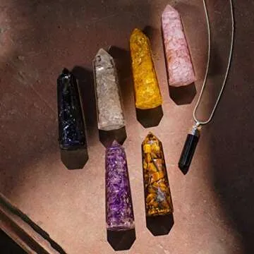 Healing Crystal Wand Set of 6 Orgonite – Includes 3” Amethyst Crystal, Tigers Eye, Rose Quartz, Black Tourmaline Stone, Citrine and Clear Quartz Orgone Crystal Plus Black Tourmaline Necklace