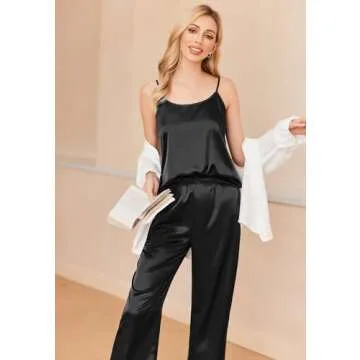 Ekouaer Women Silk Satin Pajamas Sleeveless Pjs Set 2 Piece Summer Loungewear Sleepwear with Pockets Black,S