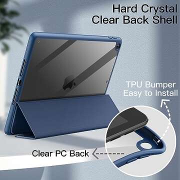 JETech Case for iPad 10.2-Inch (9th/8th/7th Generation, 2021/2020/2019) with Pencil Holder, Clear Transparent Back Shell Slim Stand Shockproof Tablet Cover, Auto Wake/Sleep (Navy)