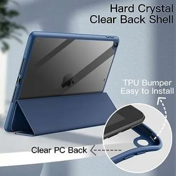 JETech Case for iPad 10.2-Inch (9th/8th/7th Generation, 2021/2020/2019) with Pencil Holder, Clear Transparent Back Shell Slim Stand Shockproof Tablet Cover, Auto Wake/Sleep (Navy)