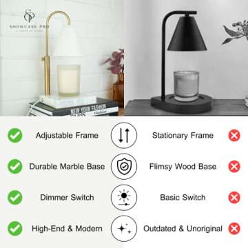 Showcase Pro Vintage Candle Warmer Lamp with Adjustable Height and Dimmable Function, Scented Wax, Home Décor – Ideal Gift for Bedroom, Living Room, White Marble