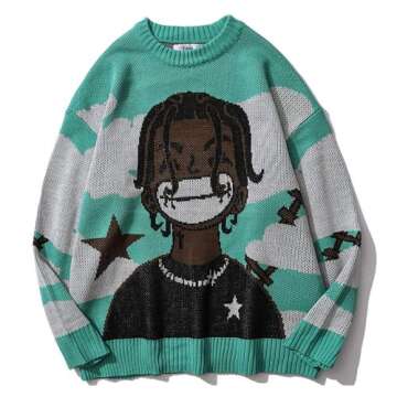 LATAHUO Long Sleeve Crewneck Anime Rapper Knit Sweater Harajuku Hip Hop Rap Vintage Knitted Sweater Streetwear(Black, Medium)