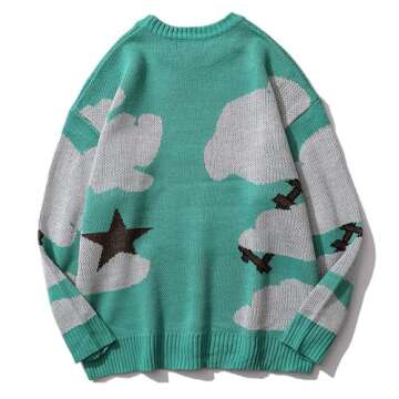 LATAHUO Long Sleeve Crewneck Anime Rapper Knit Sweater Harajuku Hip Hop Rap Vintage Knitted Sweater Streetwear(Black, Medium)