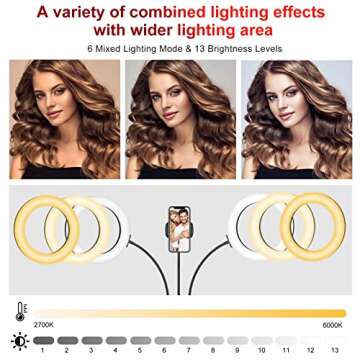 Dual 8" Ring Light with Stand (Equals One 14" Ring Light), LED Light Ring for Vlog/Makeup/YouTube/Vi...