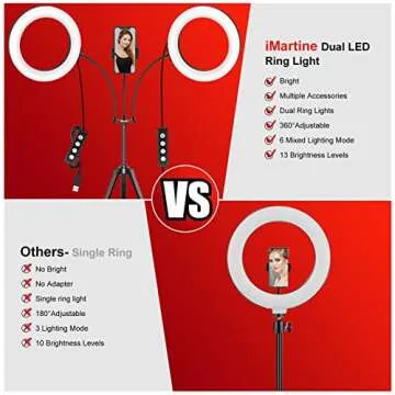 Dual 8" Ring Light with Stand (Equals One 14" Ring Light), LED Light Ring for Vlog/Makeup/YouTube/Video Shooting, Remote Shutter, Compatible with iPhone & Android