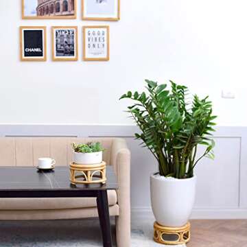 Pack of 2 Large Boho Rattan Wicker Round Riser Plant Stand Indoor,Rustic Farmhouse Natural Wooden Circle Pedestal for Decor & Display, Tabletop, Office Decor