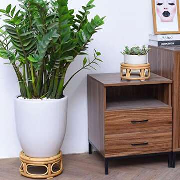 Pack of 2 Large Boho Rattan Wicker Round Riser Plant Stand Indoor,Rustic Farmhouse Natural Wooden Circle Pedestal for Decor & Display, Tabletop, Office Decor