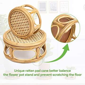 Pack of 2 Large Boho Rattan Wicker Round Riser Plant Stand Indoor,Rustic Farmhouse Natural Wooden Circle Pedestal for Decor & Display, Tabletop, Office Decor