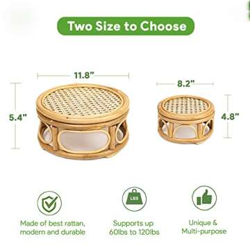 Pack of 2 Large Boho Rattan Wicker Round Riser Plant Stand Indoor,Rustic Farmhouse Natural Wooden Circle Pedestal for Decor & Display, Tabletop, Office Decor
