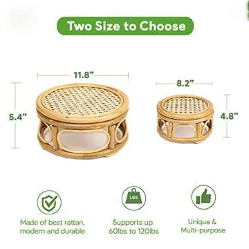 Pack of 2 Large Boho Rattan Wicker Round Riser Plant Stand Indoor,Rustic Farmhouse Natural Wooden Circle Pedestal for Decor & Display, Tabletop, Office Decor