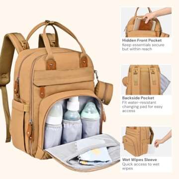 BabbleRoo Diaper Bag Backpack - Baby Essentials Travel Tote - Multi function Waterproof Diaper Bag, Travel Essentials Baby Bag with Changing Pad, Stroller Straps & Pacifier Case - Unisex, Beige