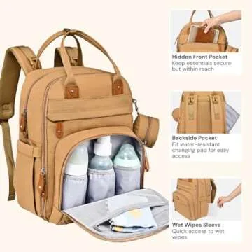 BabbleRoo Diaper Bag Backpack - Baby Essentials Travel Tote - Multi function Waterproof Diaper Bag, Travel Essentials Baby Bag with Changing Pad, Stroller Straps & Pacifier Case - Unisex, Beige
