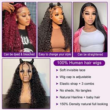 Bling Hair 18 Inch Deep Wave Lace Front Wig Human Hair for Women Glueless 13x4 Lace Frontal Wigs Human Hair 180% Density HD Lace Pre Plucked Bleached Knots Deep Wave Human Hair Natural Hairline