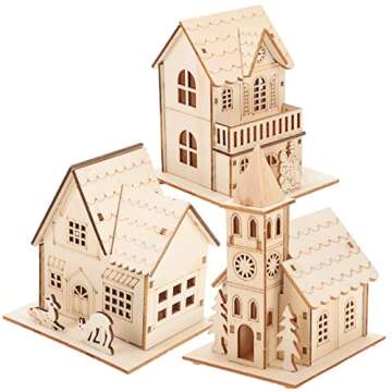 Toyvian 3pcs Christmas Led Light Wooden House with Battery, Unfinished Wooden Christmas Village Mini...