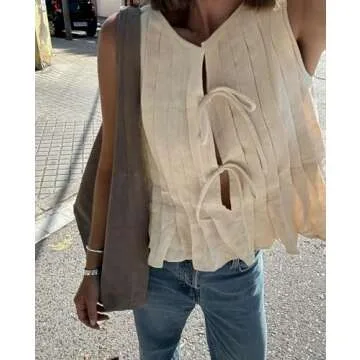 Women Summer Linen Tank Tops Coquette Bow Tie Front Top Shirt Vest Babydoll Ruffle Tops Cute Shirts Aesthetic Clothes (Beige,Large)