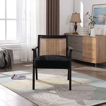 QUINJAY Accent Rattan Chair, Faux Fur Upholstered Living Room Chairs with Cane Back, Retro Mid Century Modern Cane Chair Armchair for Reception Reading Indoor Outdoor, Black