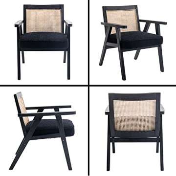 QUINJAY Accent Rattan Chair, Faux Fur Upholstered Living Room Chairs with Cane Back, Retro Mid Century Modern Cane Chair Armchair for Reception Reading Indoor Outdoor, Black