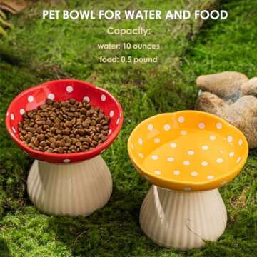 Whimsicalfox Raised Cat Bowl, Cute Mushroom Cat Water Bowl, Elevated Cat Food Bowl, Ceramic Cat Bowls for Food and Water, Raised Cat Food Dish, Wide Shallow Cat Food Dish, Whisker Fatigue (Red)