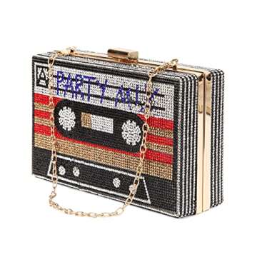 Renabro Women Retro Radio Shape Crossbody Bag Rhinestone Red Purse Evening Clutch Purses (red party)